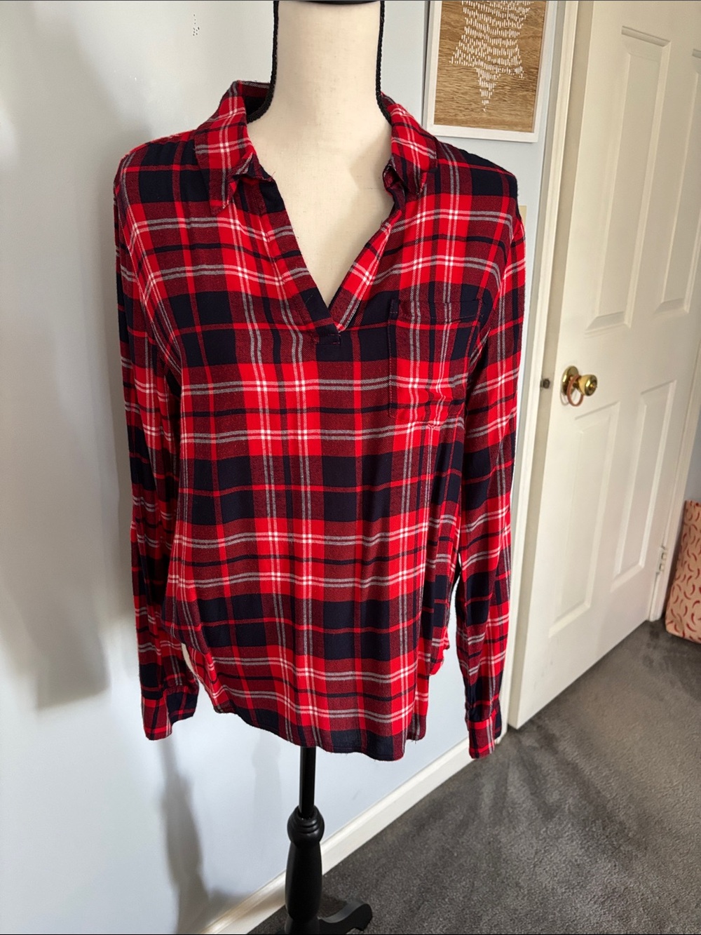 Red and Black Plaid Button-Neck Shirt L